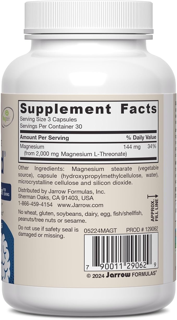 Jarrow Formulas Magnesium L-Threonate, MagMind Magtein Magnesium Supplement, Brain Supplements for Memory Support, 90 Veggie Capsules, Up to a 30 Day Supply