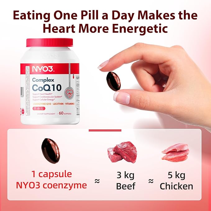 NYO3 CoQ10 200mg with Lecithin and Vitamins E, Ultra High Absorption, Antioxidant for Heart Health & Energy Production, High Coenzyme Q10 Content, Gluten Free, Non-GMO, 60 Days Supply