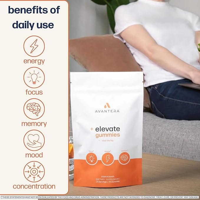 Avantera Elevate Gummies Premium Nootropic Supplement - Beat Brain Fog - Best Focus Supplements for Memory & Focus Support - Energy Without Crash - 56 Gummies for Women & Men