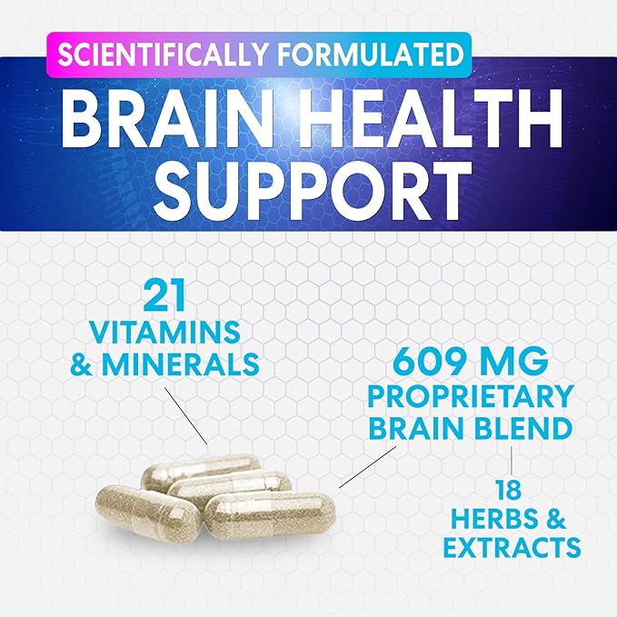 Brain Memory Supplement - 3X Strength Nootropics for Concentration, Clarity & Focus Support - Brain Health Cognitive Vitamins with Bacopa, Phosphatidylserine & DMAE, Brain Booster Pills, 60 Capsules