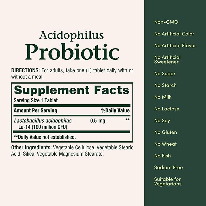 Nature's Bounty Lactobacillus Acidophilus Probiotic Supplement - Daily Probiotic for Women/Men Digestive Health, 100 Million Organisms, Vegetarian, 1 Serving per Day, 120 Tablets