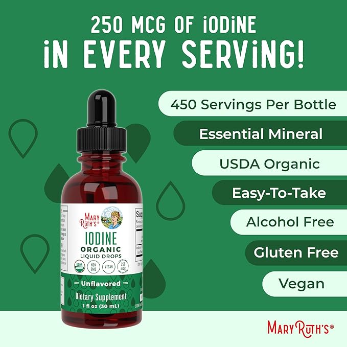 MaryRuth Organics Iodine Liquid Drops | Potassium Iodide | 1 Year Supply | 450 Servings | Thyroid Health | USDA Organic| Vegan | Non-GMO | Gluten Free | 1 Fl Oz