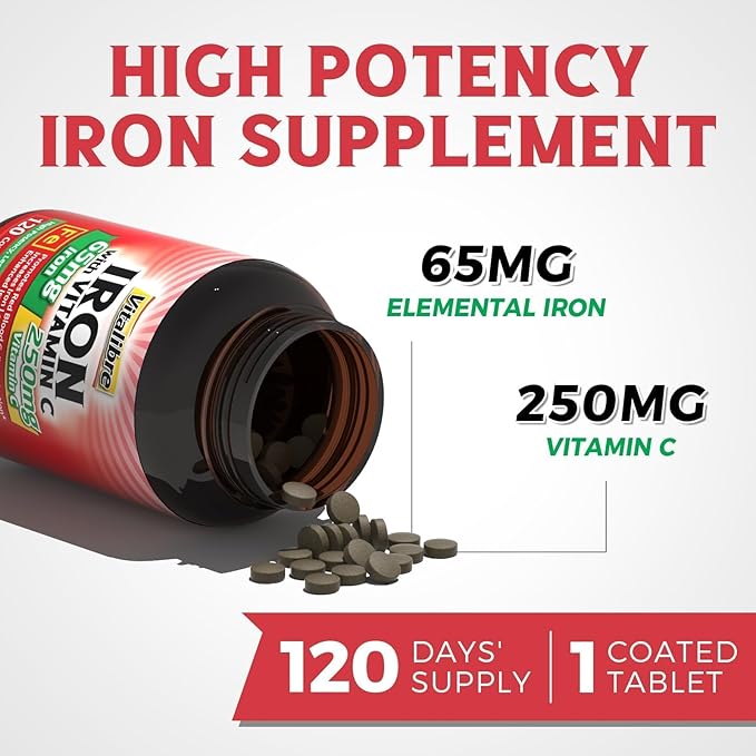 Iron Supplement, 65mg Carbonyl Iron with 250mg Vitamin C, Stomach Friendly Iron Pills for Blood Building Women & Men, High Absorption, No Nausea, No Constipation, Non-GMO, No Gluten, 120 Vegan Tabs