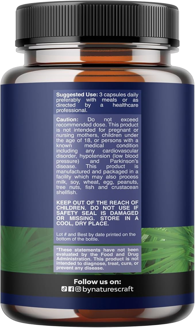 Herbal Saw Palmetto Male Supplement - Potent Pygeum and Saw Palmetto Extract with Beta Sitosterol & Green Tea Supplements for Adult Males for Urinary Tract Support & Frequent Urination - 60 Capsules