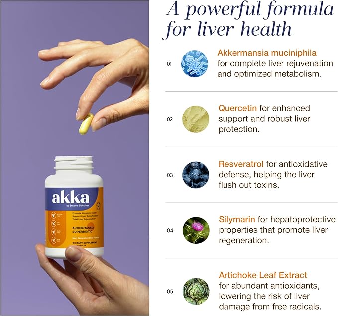 AKKA Premium Liver Cleanse Detox & Repair Superbiotic - Supports Liver Health & Function, Boosts Energy, Digestion & Metabolism with Bioavailable Pasteurized Akkermansia, Non-GMO, Gluten-Free, 60 Caps