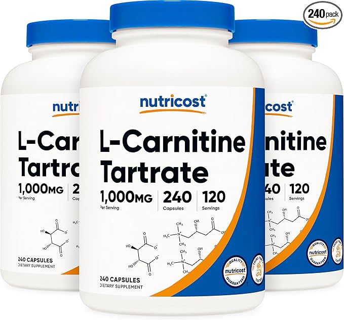 Nutricost L-Carnitine Tartrate 500mg, 240 Capsules - 1000mg Per Serving (3 Bottles)