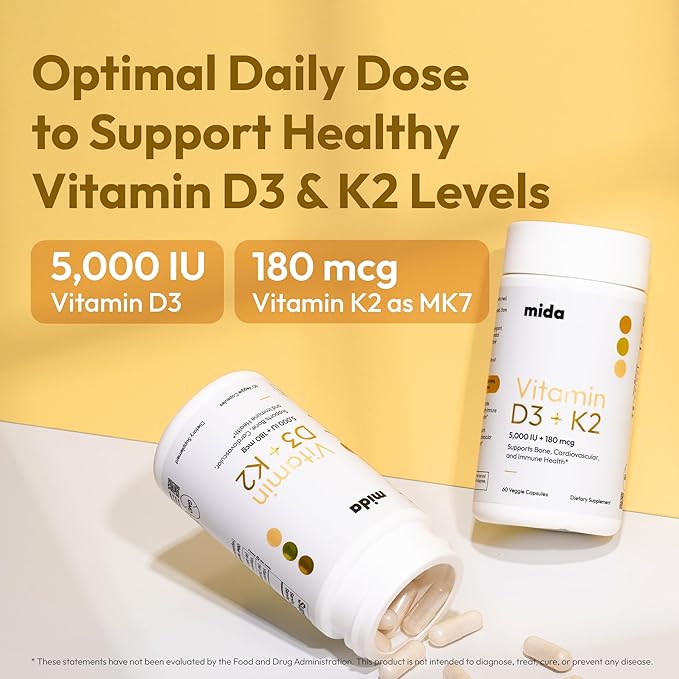 Vitamin D3 K2 5000 IU with MK7 (180 mcg) | Natural Supplement for Bone Strength, Heart Health, and Immune Support | Vegan Capsule | 60 Servings