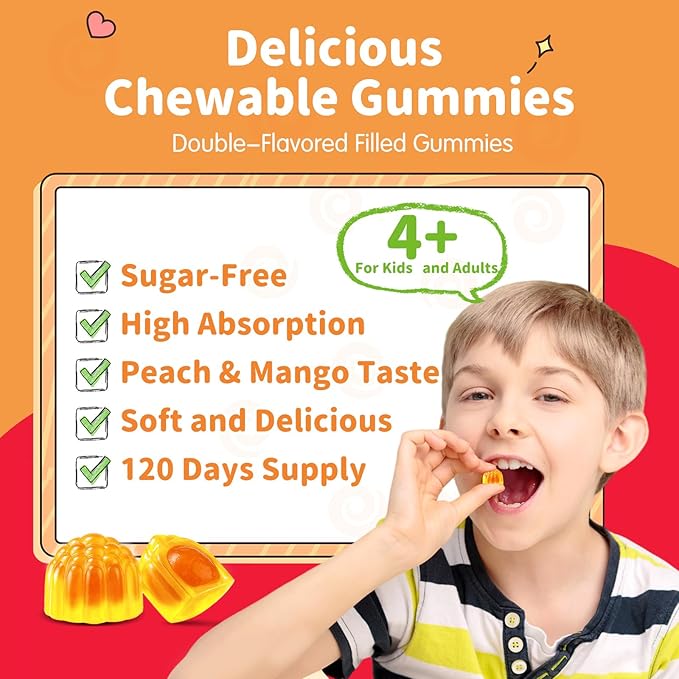 Magnesium Gummies for Kids - Magnesium Glycinate Gummies with L-Theanine, Vitamin B6, D3 for Kids & Adults Sleep, Calm, Relaxation, Stress, Brain, Bones, Muscle Relief, Sugar Free Peach & Mango 120ct