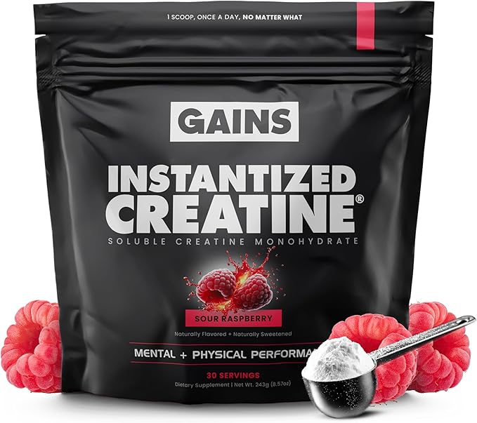 Gains in Bulk Instantized Creatine Monohydrate for Men & Women, Soluble Pre Workout Powder, Supports Muscle Building, Strength and Performance, Bodybuilding Supplements, Sour Raspberry, 30 Servings