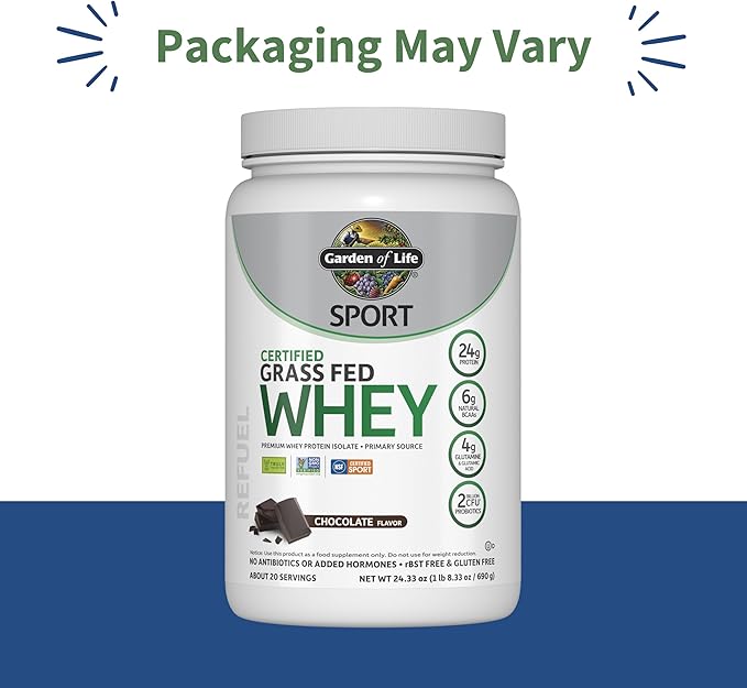 Garden of Life SPORT Whey Protein Powder Chocolate, Premium Grass Fed Whey Isolate plus Probiotics for Immune System Health, 24g Protein, Non GMO, Gluten Free, Cold Processed - 20 Servings (Pack of 6)
