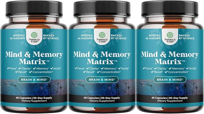Natural Mind and Memory Supplement for Increased Mental Performance and Clarity Supports Brain Function Made with Pure Green Tea Extract DMAE Bitartrate and Vitamins - 60 Count - 3 Pack