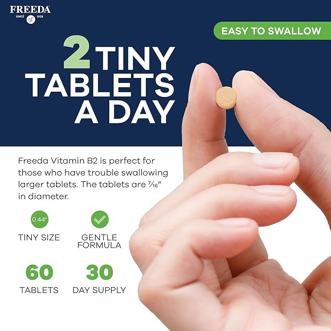 FREEDA Vitamin B2 400 mg Supplement with Riboflavin-5-Phosphate – High Potency B2 Vitamins Riboflavin 400mg per Serving for Energy, Metabolism & Nervous System – Vegan VIT B 2, Small Tablets (60 Ct)
