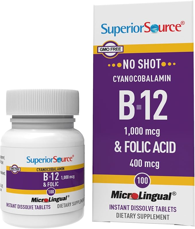 Superior Source No Shot Vitamin B-12 Cyanocobalamin 1000 mcg & Folic Acid 400 mcg - Offers Energy, Heart, Brain, & Stress Support - 100 Sublingual Dissolving Tablets
