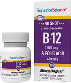 Superior Source No Shot Vitamin B-12 Cyanocobalamin 1000 mcg & Folic Acid 400 mcg - Offers Energy, Heart, Brain, & Stress Support - 100 Sublingual Dissolving Tablets