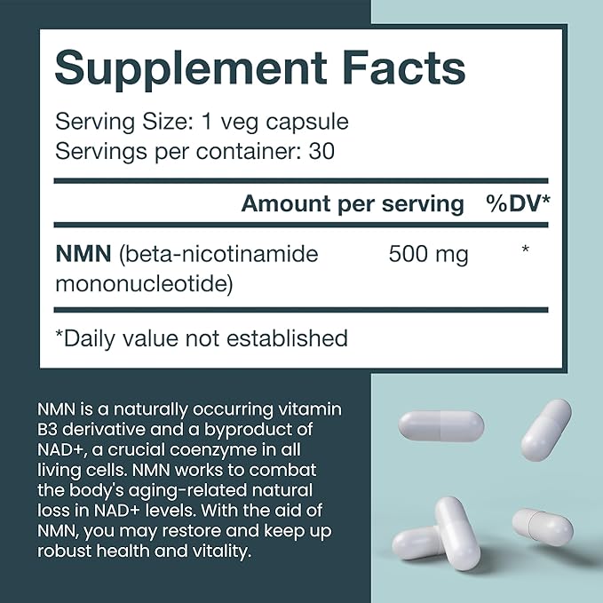 VITRUVIN NMN 500mg - Ultra-Absorbable, Vegan, Non-GMO, Gluten-Free, Gelatin-Free - 1 Bottle, 30 Capsules