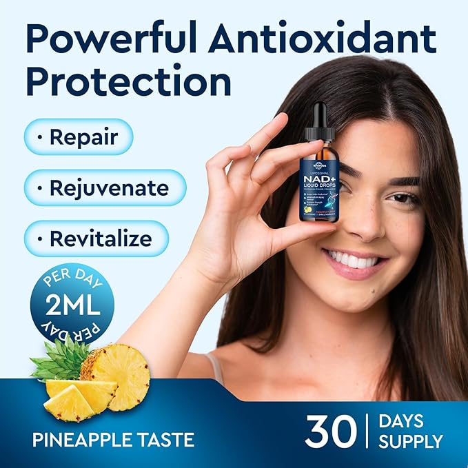 Liposomal NAD Supplement - 1200mg NAD+ Liquid Drops for Women & Men, Nicotinamide Riboside with Resveratrol, PQQ, CoQ10, Quercetin for Anti-Aging, Brain & Cellular Mitochondrial, Pineapple 2 Fl Oz