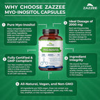 Zazzee Myo-Inositol Capsules, 2000 mg per Serving, 120 Vegan Capsules, Ideal Dosage for 40:1 Ratio, Certified Kosher, Hormone Balance & Healthy Ovarian Function Support, Non-GMO, Made in the USA