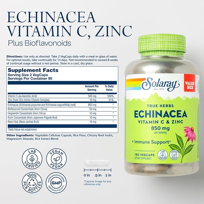 SOLARAY Echinacea with Vitamin C & Zinc – Immune Support Supplement – Echinacea Capsules with Vitamin C 500 mg Plus Bioflavonoids, Vegan, 60-Day Guarantee, 90 Servings, 180 VegCaps