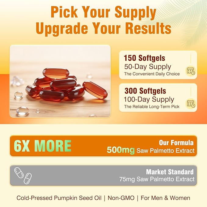 Pumpkin Seed Oil with Saw Palmetto - Cold-Pressed Softgels for Hair Growth & Prostate Support - Organic Supplement for Men & Women, Non-GMO, 150 Softgels
