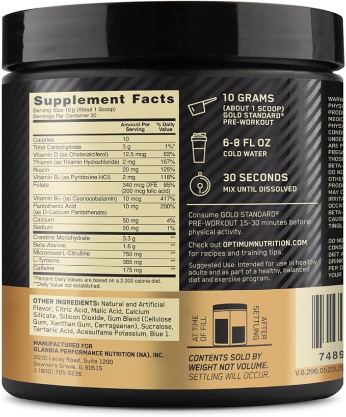 Optimum Nutrition Gold Standard Pre-Workout, Vitamin D for Immune Support, with Creatine, Beta-Alanine, and Caffeine for Energy, Keto Friendly, Blueberry Lemonade, 30 Servings, (Pack of 2)