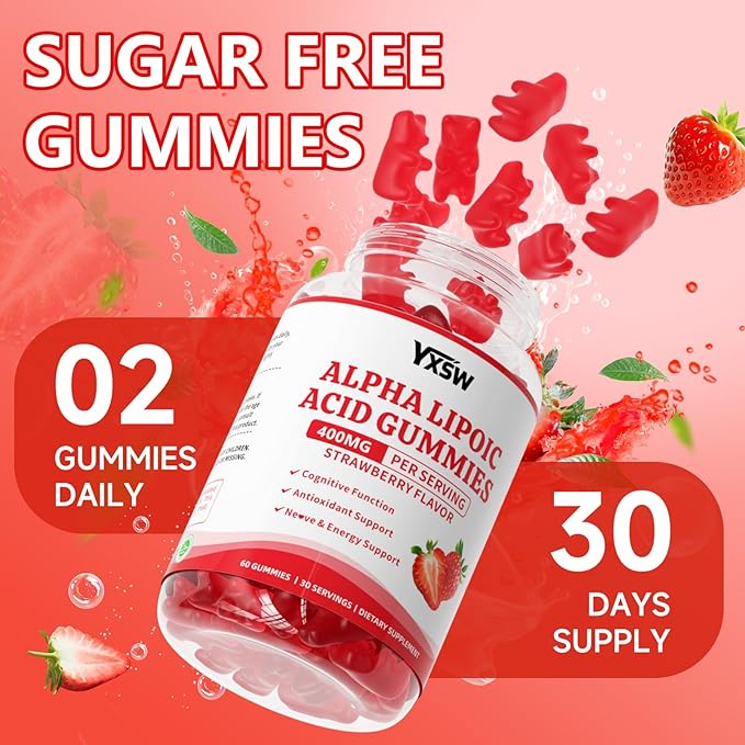 Alpha Lipoic Acid Gummies 400 MG, Chewable R Lipoic Acid Supplement for Antioxidant & Nervous System Support, Sugar Free, Vegan, Strawberry Flavor, 120 Count