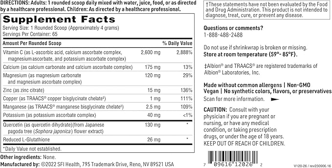 SFI Health Klaire Labs Multi-Element Buffered C Powder with Quercetin Bioflavonoid & L-Glutathione to Support Antioxidant Protection, Hypoallergenic & Gentle on Stomach (65 Servings, 260 Grams)