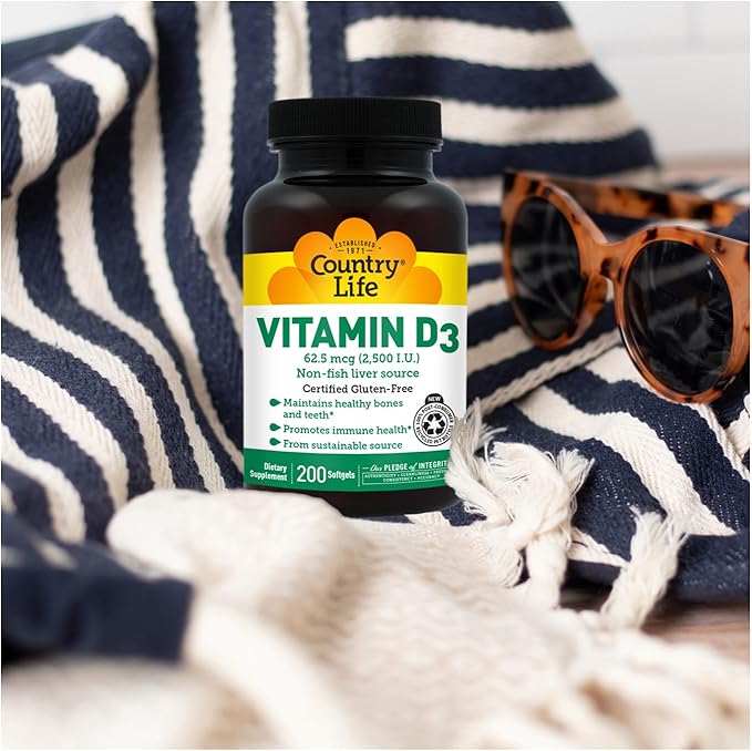 Country Life Vitamin D3 2500 IU – Non-Fish Derived, High Potency Vitamin D3 for Bone Strength, Immune Support & Calcium Absorption – Certified Gluten-Free, 200 Softgels