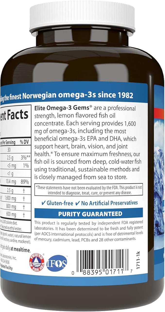 Carlson Elite Omega-3 Gems, 1600mg Omega-3s with EPA & DHA, Wild-Caught Norwegian Fish Oil, Lemon Flavor, 90 Softgels