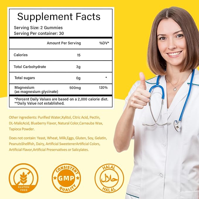 Magnesium Glycinate Gummies 500mg, Sugar-Free for Adults & Kids, Magnesium Gummies for Sleep, Stress & Muscle Relief, Supports Bone & Nerve Health, Vegan, Pectin-Based, 60 Count, Pineapple Flavor