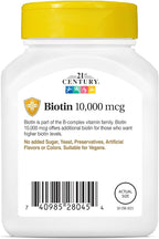 21st Century Biotin 10,000 mcg Tablets (360 Count), High Potency Biotin Supplement, Supports Hair, Skin & Nail Health, Gluten & Sugar-Free, Daily Vitamin B7 Supplement, Non-GMO