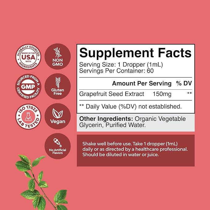 GSE Grapefruit Seed Extract Liquid - One Drop Daily - Super Concentrated Grape Seed Extract Liquid Drops Rich in Bioflavonoids & Polyphenols for Gut Health & Immune Support - 2 Fl Oz (2 Pack)