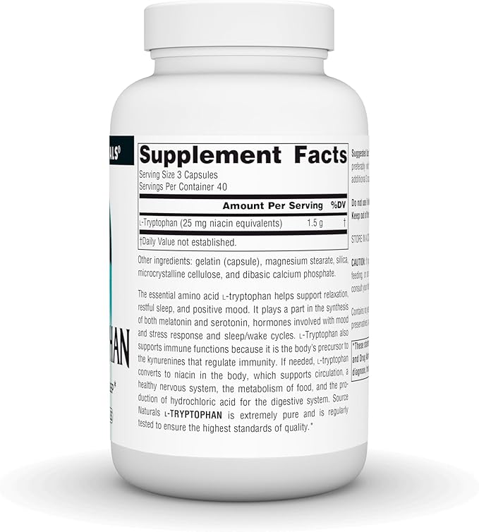 Source Naturals L-Tryptophan, for Mood, Relaxation, and Sleep*, 500mg - 120 Capsules