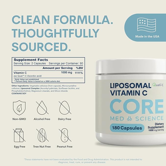 Core Med Science Liposomal Vitamin C, 1000mg - Physician Formulated Vitamin C Supplement for Immune Support, Collagen & Skin Health – 180 High Absorption Bioavailable Capsules, Made in USA