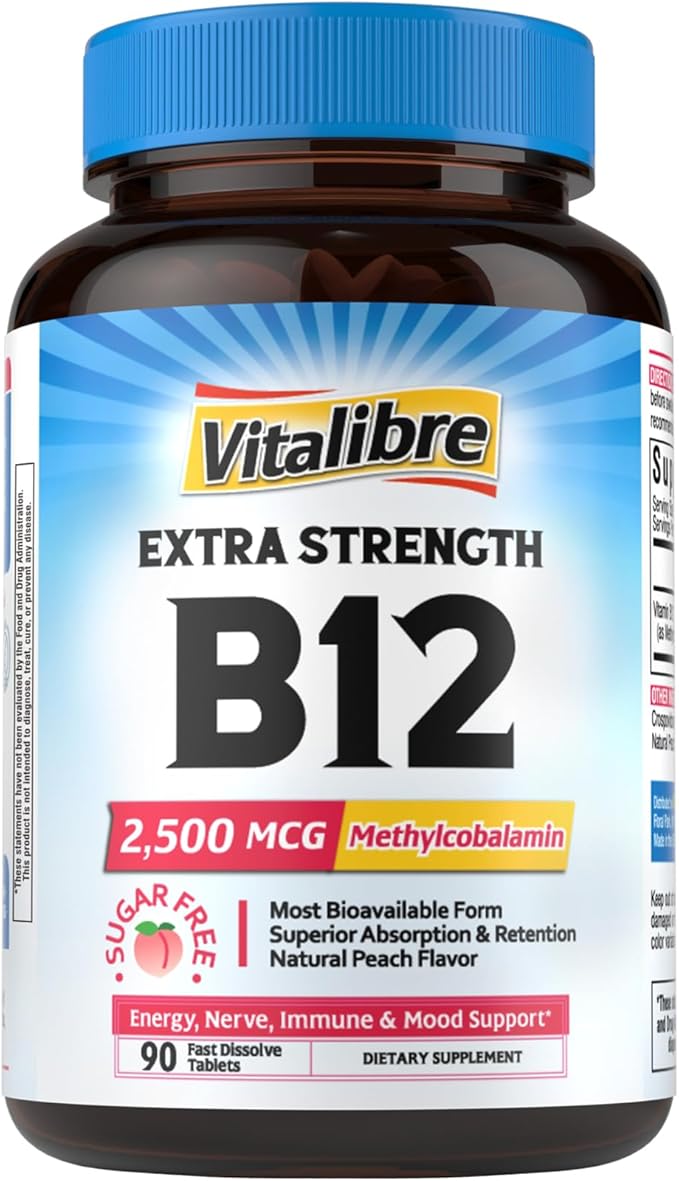 Vitamin B12 2500 mcg, Extra Strength Sublingual Methylcobalamin, Natural Peach Flavor, Nervous System, Energy Support, No Sugar, 90 Fast Dissolve Tablets