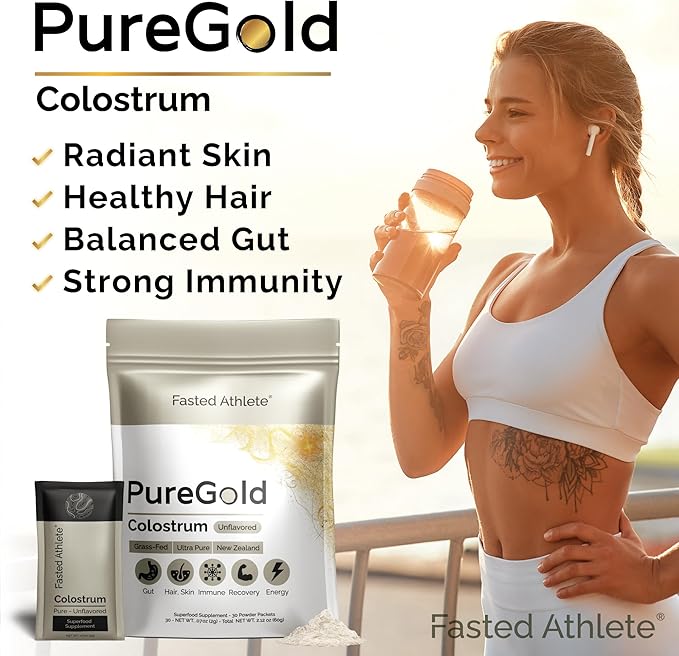 PureGold - Bovine Colostrum Powder - 100% Pure New Zealand Grass Fed, Supports Gut Health, Skin, Hair, & Immunity – Colostrum Supplement, Unflavored, 30 Travel Packets