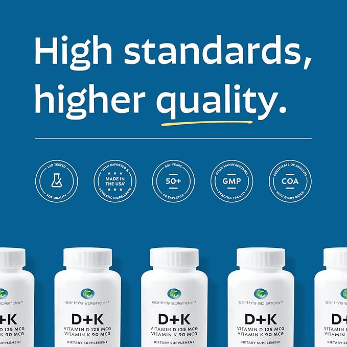 Earth's Splendor Vitamin D + K, 120 Capsules, Contains D 120mcg of Vitamin D3 and 90mcg Vitamin K2, 4 Month Supply