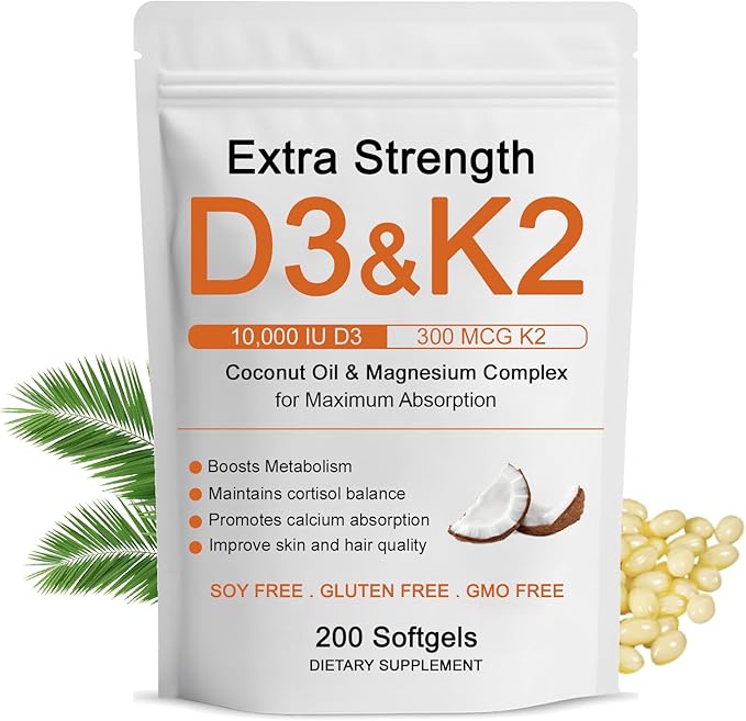 Vitamin D3 K2 Magnesium Complex, Extra Strength D3 & K2 with Triple Magnesium Softgels, D3 + K2 (Mk-7) | Support Bone & Immune | Improve Energy | Non-GMO, 200 Softgels (1) (1)