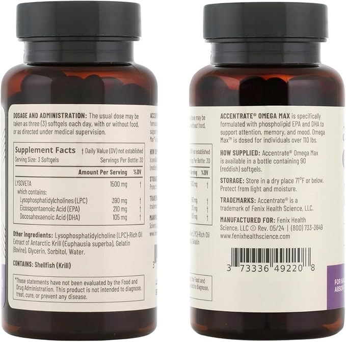 Omega Max w/LYSOVETA LPC | EPA & DHA Supplements for Brain & Retina Health | Focus, Attention, Memory, Mood & Vision | 6X Higher Absorption Than Fish Oil | High Potency Omega-3 LPC-DHA