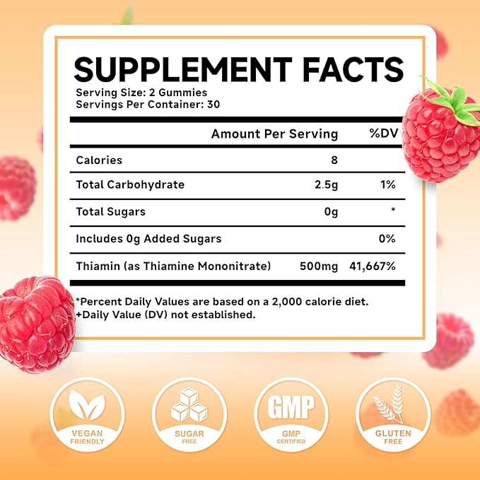 MEENCCD Vitamin B1 Gummies 500mg, Thiamine B1 Supplement Supports Energy Production, B1 Vitamin for Adults & Kids, Sugar-Free, Vegan, Raspberry Flavor, 60 Count