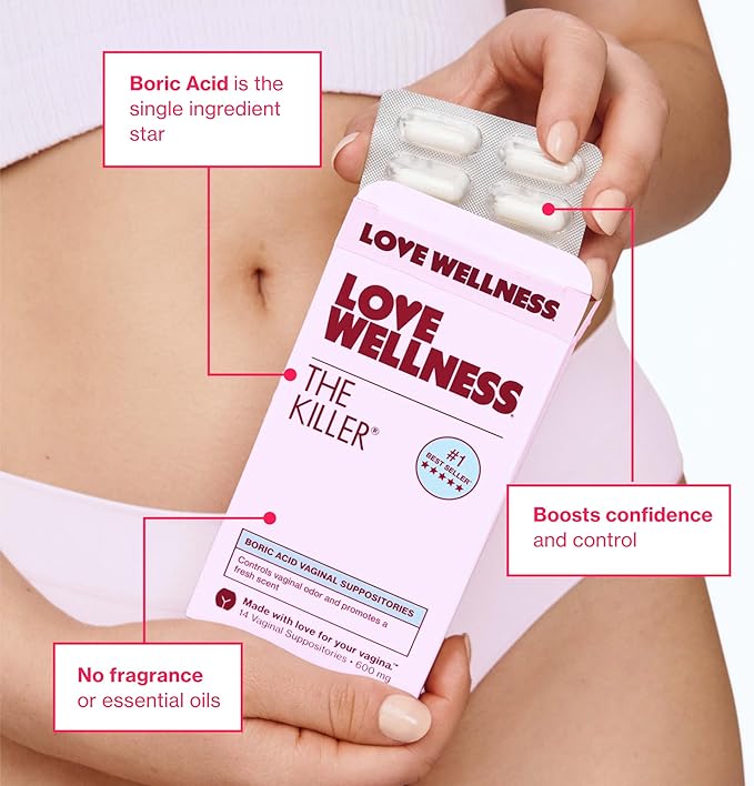Love Wellness The Killer | 600mg Boric Acid Vaginal Suppositories | Balances pH & Supports Odor Control, a Healthy Vaginal Balance | Fast-Acting & Fragrance-Free | Gentle & Effective | 28 Ct