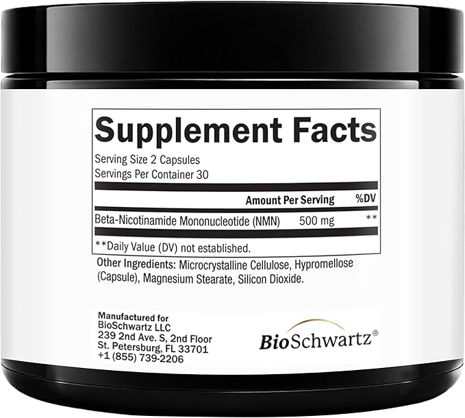 BioSchwartz NMN Supplement - 500mg Nicotinamide Mononucleotide - 30 Servings, 60 Capsules - Made in The USA with Premium Globally Sourced Ingredients, Third-Party Tested, Gluten-Free NMN Supplement