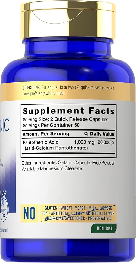 Carlyle Pantothenic Acid | 1000mg | 100 Capsules | Essential B5 Vitamin | Non-GMO, Gluten Free Supplement