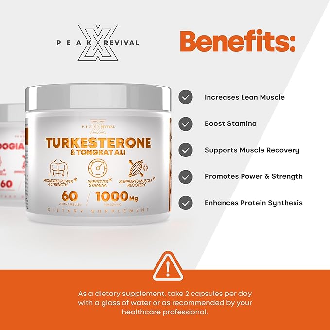Turkesterone Tongkat Ali Supplement (500mg Ajuga Turkestanica + 250mg Tongkat Ali) 60 Capsules-Turkesterone Supplement 1000mg - Muscle Strength & Recovery Support - Made in The USA BY Peak Revival-X