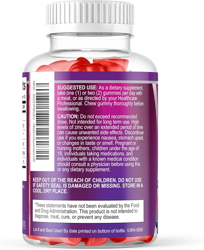 Zinc Gummies - 50mg Zinc Per Serving Immune Skin & Bone Support Health Gummy - Premium Antioxidant Chewable, High Absorption Vegan, Best Supplements Vitamin for Adults, Tasty Berry Flavor, 120 Gummies