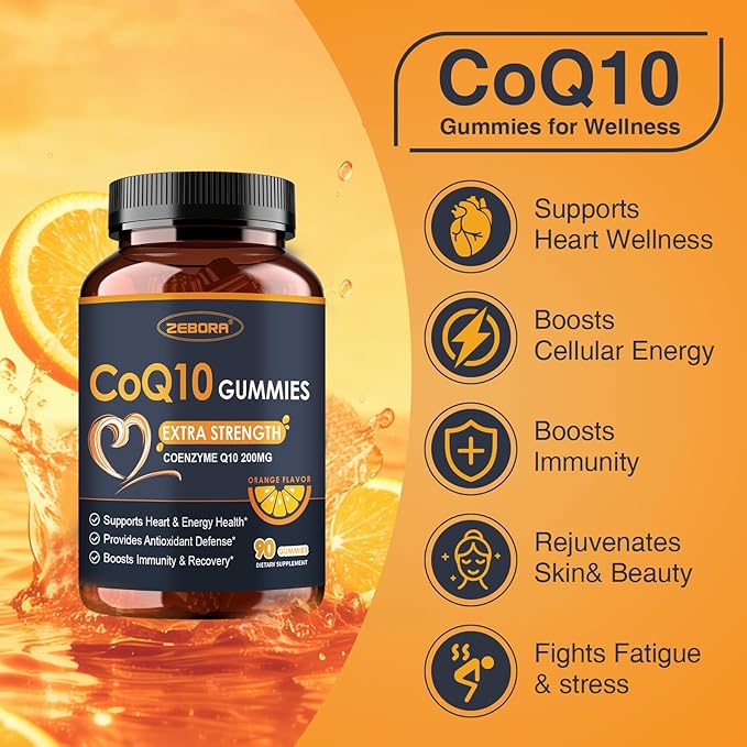 ZEBORA CoQ10 200mg Gummies, Coenzyme Q10 for Heart & Immune Health Support, Powerful Antioxidant, Boosts Energy, Natural Orange Flavor, Non-GMO, 90 Gummies