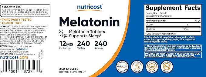 Nutricost Melatonin 12mg, 240 Tablets - 12mg Per Serving, Non-GMO, Gluten Free