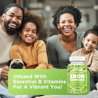Center-Filled Iron Gummies for Adults & Kids - Iron Supplement with Vitamin B6, B12, C, Zinc, Folate - Support Women Iron Deficiency, Anemia, Blood Builder - Sugar Free Vegan 60ct Apple & Kiwi Flavor