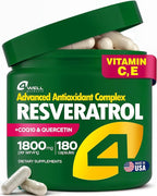 Resveratrol Supplement 1800mg Complex - COQ10, Quercetin, Vitamin E, Vitamin C - Powerful Antioxidant Formula for Enhanced Energy, Heart Health & Healthy-Aging Support Trans Resveratrol 180 Capsules