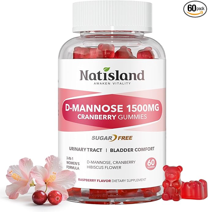 D Mannose with Cranberry Gummies, D-Mannose Supplements 1500mg for Women, with Hibiscus for Urinary Tract Health, Bladder, Liver Support, Sugar-Free, Vegan, Raspberry Flavor, 60 Count