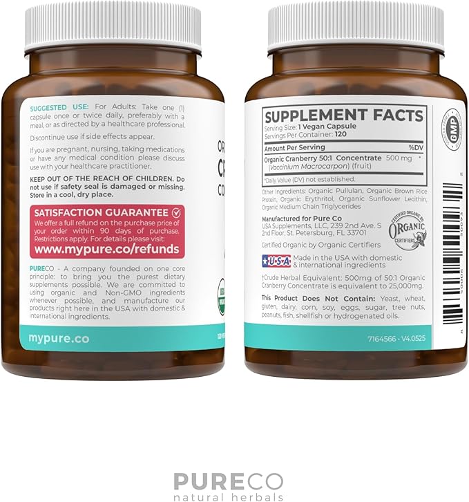 Organic Cranberry Pills - Vegan Supplement for Urinary Tract Health & Kidney Cleanse - Cranberry Pills for Women 500mg 50:1 Cranberry Concentrate Per Serving - Urinary Tract Support - 120 Capsules